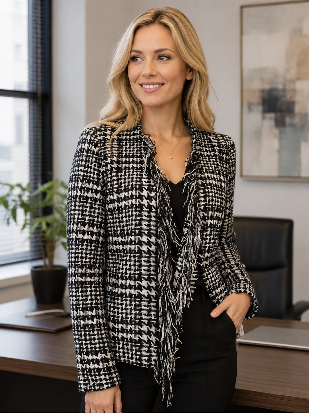 Cynthia Black & White Houndstooth Blazer